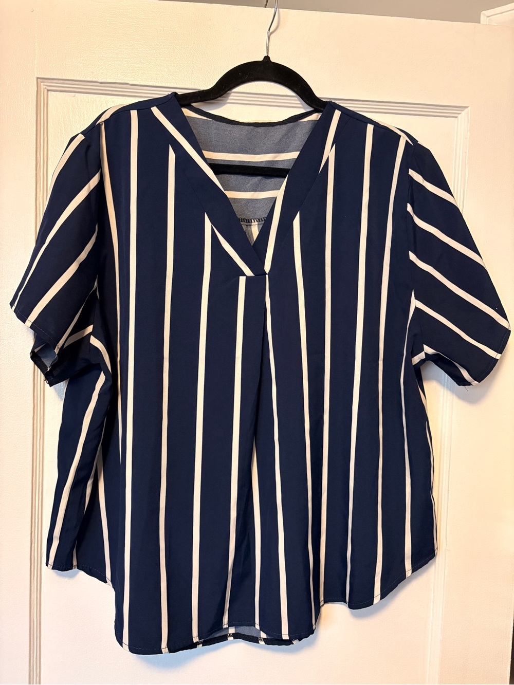 SHEIN Navy and White Vertical Stripe V-Neck Blouse
